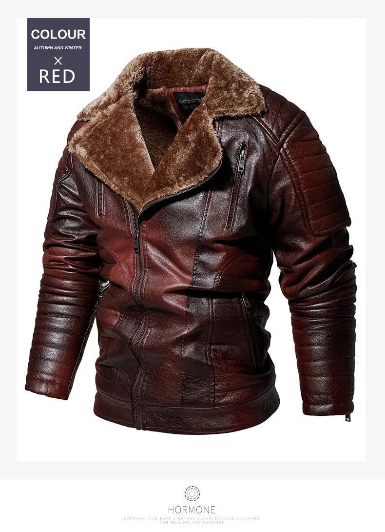 Men's Brand Fleece Biker Jacket Casual Motor Lapel Leather Jackets Vintage PU Fur Warm Thicken Coats Male Winter Bomber Outwear mens leather motorcycle jackets