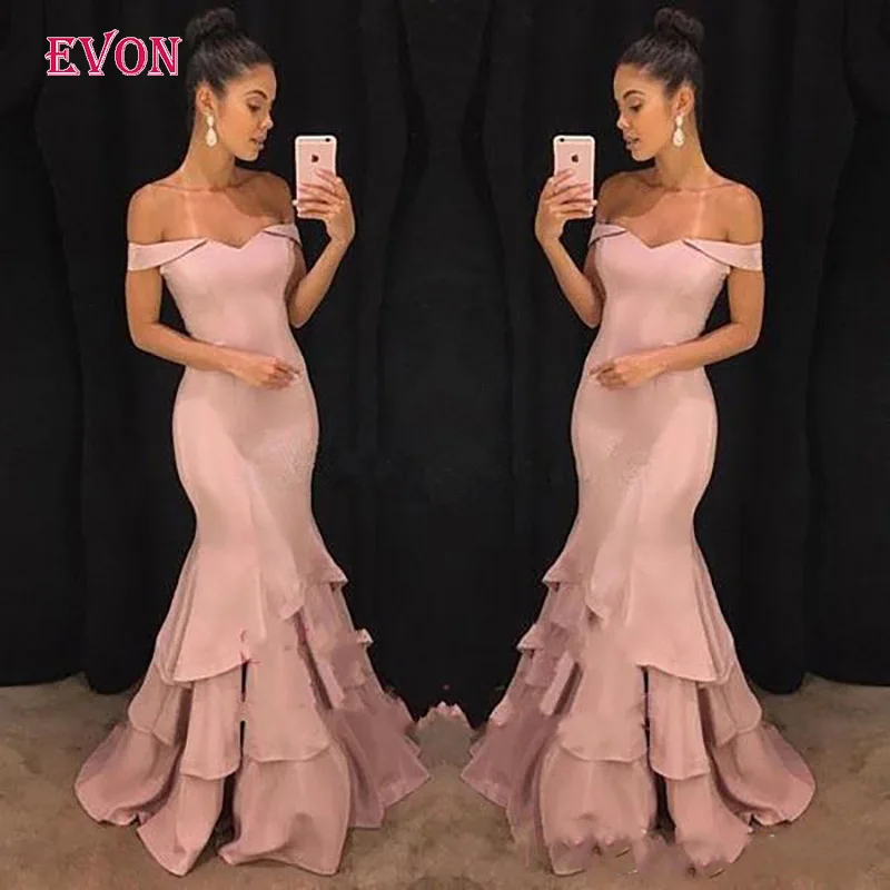 Vestido De Fiesta De Noche элегантное вечернее платье Русалочки с открытыми плечами многослойное свадебное платье без спинки - Цвет: Розовый