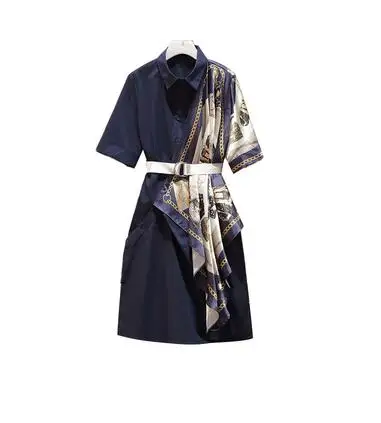 Большие размеры 4XL женское офисное платье для работы Летние Элегантные платья с принтом женская рубашка поддельные из двух частей лоскутное платье Vestidos - Цвет: Royal blue