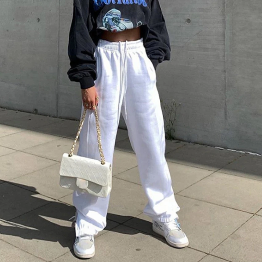 

Lusofie Female Jogger Streetwear Women Wide Leg Trousers White Sweatpants Casual Drawstring High Waist Loose Pants Solid Color