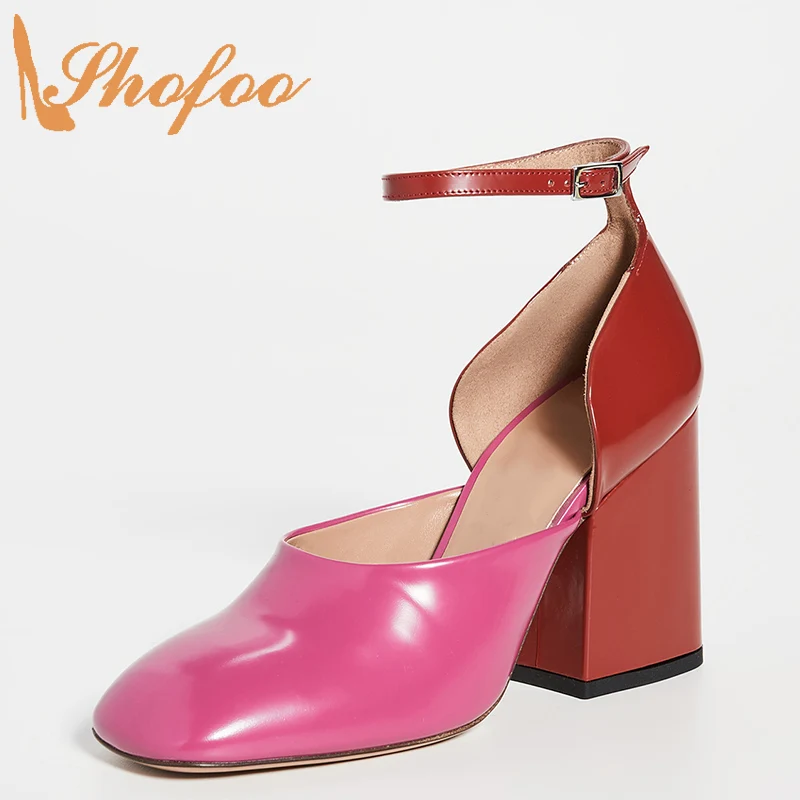 

Shofoo Red Ankle Buckle Strap Mary Jane Pumps Woman Square Toe High Chunky Heels Large Size 11 16 Ladies Summer Fashion Shoes