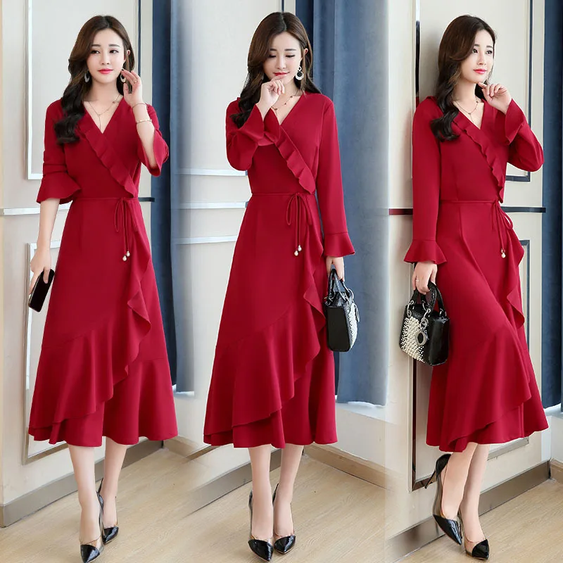 

2018 New Style WOMEN'S Dress Autumn Clothing Waist Hugging Slimming Debutante Elegant Goddess-Style Long Skirts Long Sleeve Plea