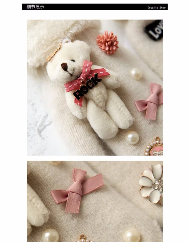 New winter rabbit fur gloves White Bear small flowers plus velvet tank bag finger women's gloves
