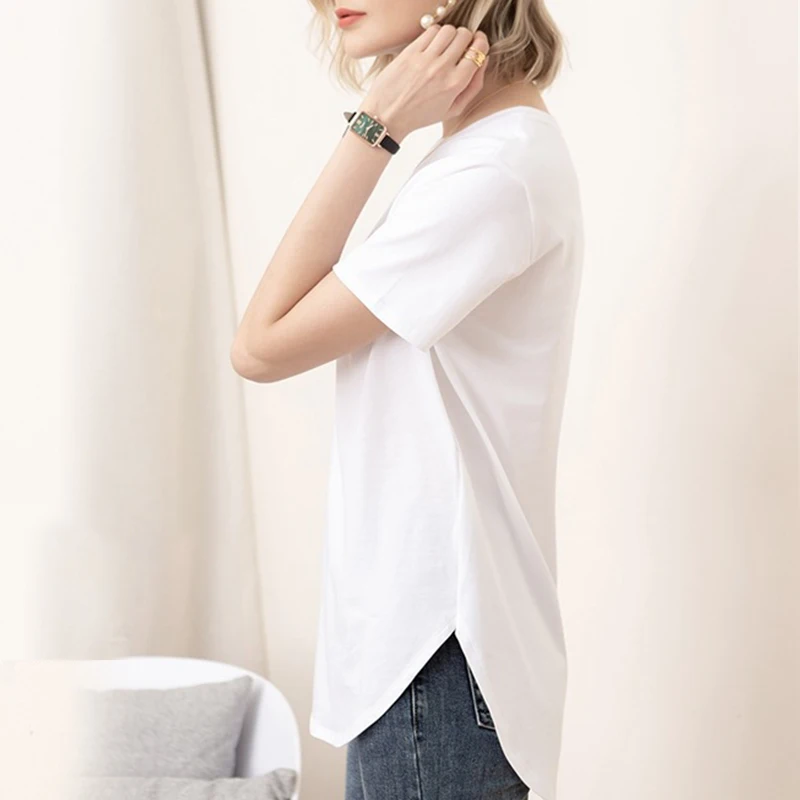 100% cotton Loose Casual Summer Short Sleeve Female T shirt Women Asymmetric O-neck Tee Tops M30326 3