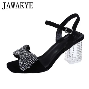 

Sandals women Bowknot clear transparent crystal High Heel big butterly knot rhinestone ankle strap summer dress shoes for girls