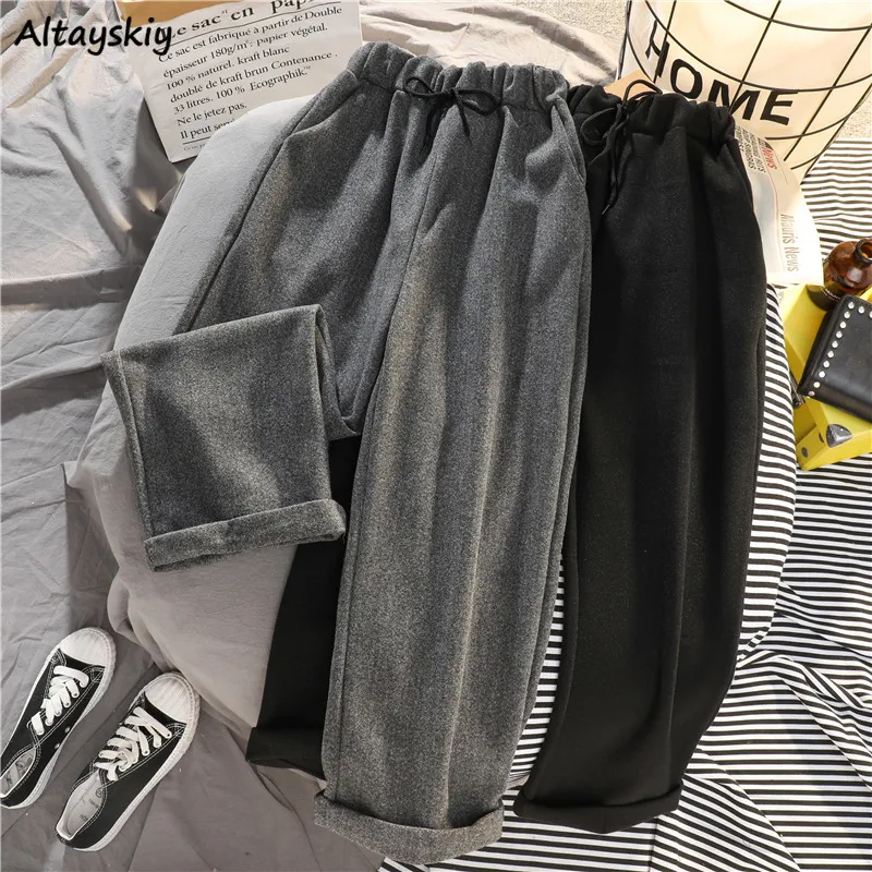 Woolen Casual Pants Women Winter Cozy Soft Drawstring Loose Straight Rolled-up Simple Daily Trousers Students All-match Harajuku | Женская