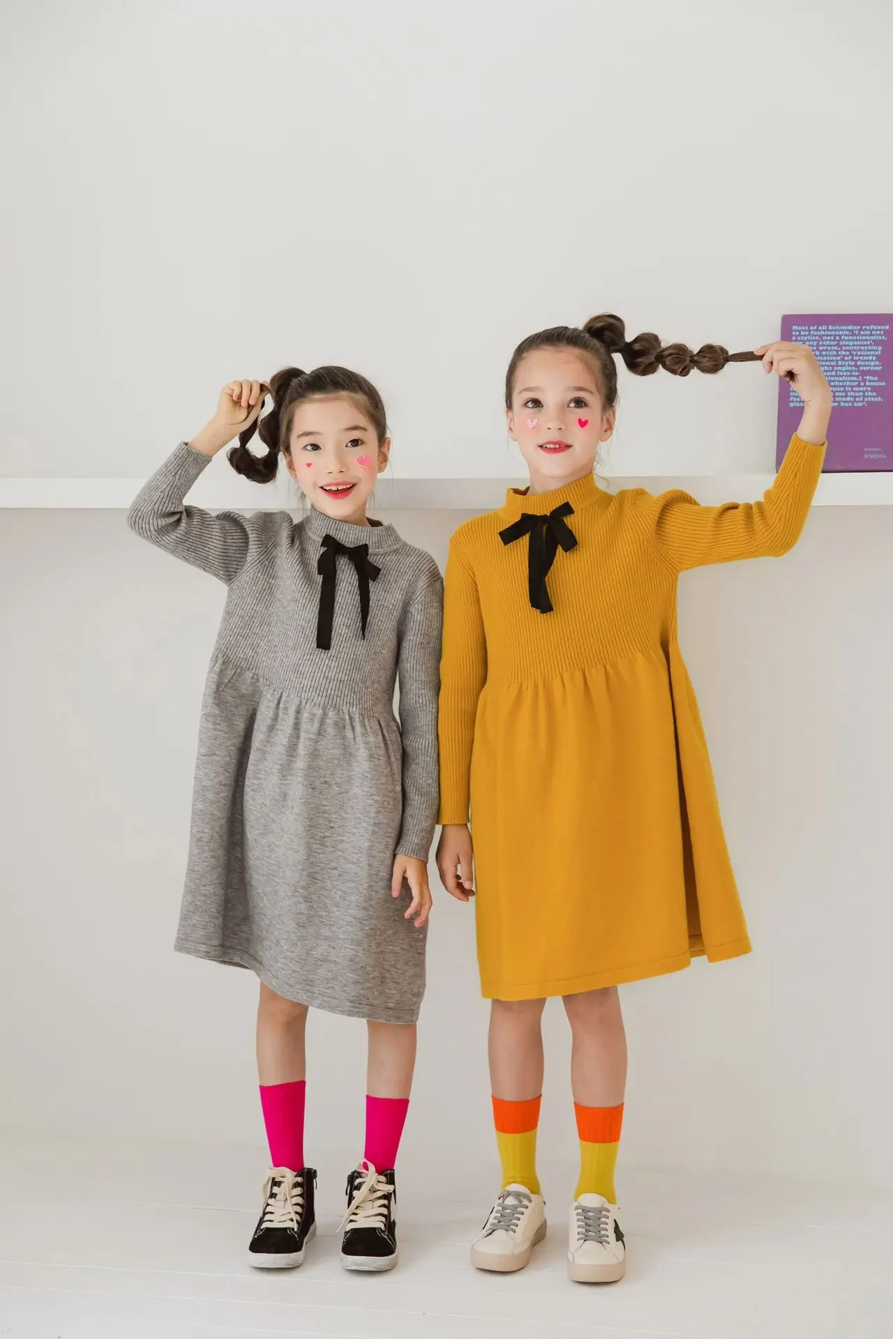 New Autumn and Winter Girls Long Style Sweater Dresses Baby Girls Bottoming Dresses Kids Casual Bow Princess Dress,#8109
