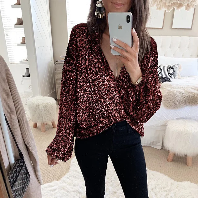 Blusa de lentejuelas con purpurina para mujer, Rebeca Sexy cuello en V profundo, ropa de calle de manga larga, color negro y liso, Tops de para otoño|Blusa| AliExpress
