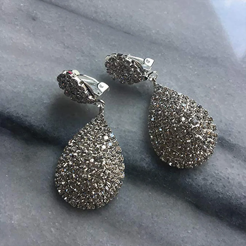 StoneFans Clip On Rhinestone Crystals Teardrop Dangle Earrings Long Statement Chandelier Drop Earrings no pierced for Women ear clip earrings clip earrings