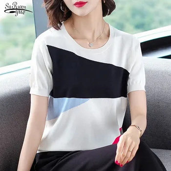 

2020 Summer New Short Sleeve Color Block Ice Silk T-shirt Female Knit Vest Top White Shirt Thin Bottoming Women Clothing 8904 50