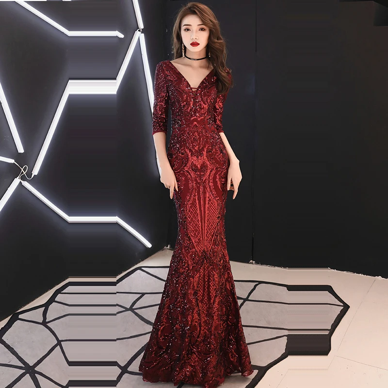 as picture Skyyue вечернее платье, сексуальное, v-образный вырез, халат De Soiree C274, с блестками, длина до пола, вечерние платья, рукав три четверти, вечерние платья - Цвет: as picture