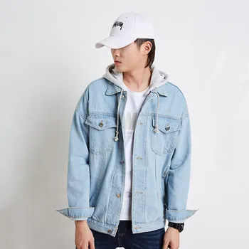 

Denim jacket Male 2020 New Men's Windbreaker Spring and Autumn Light blue Hooded Korean Denim jacket More size S-XXL