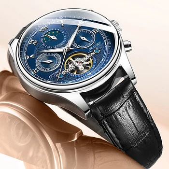 

Skeleton Tourbillon Mechanical Watch Men Automatic Classic Rose Gold Black Leather Blue Wrist Watches Reloj Hombre Luxury Saat