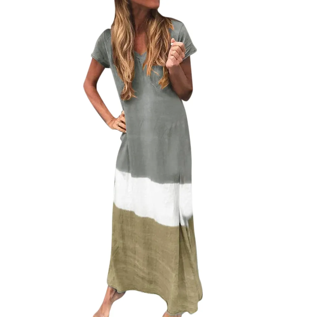 Plus Size Summer Dress Women Casual Loose Short Sleeve Maxi Dress V-neck Printed Beach Party Dress Woman Party Night Clothes
