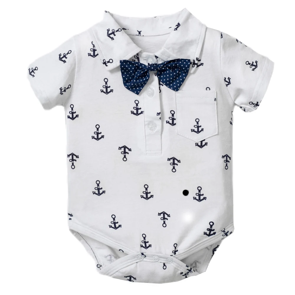 Baby Cotton Anchor Print Romper with Strap Shorts and Bow Tie