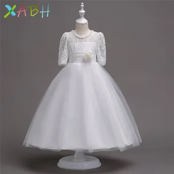 

EAZII 4-14Y Kids Girls Long White Lace Flower Party Ball Gown Prom Dresses Kid Girl Princess Wedding Children Mid Sleeve Dresses
