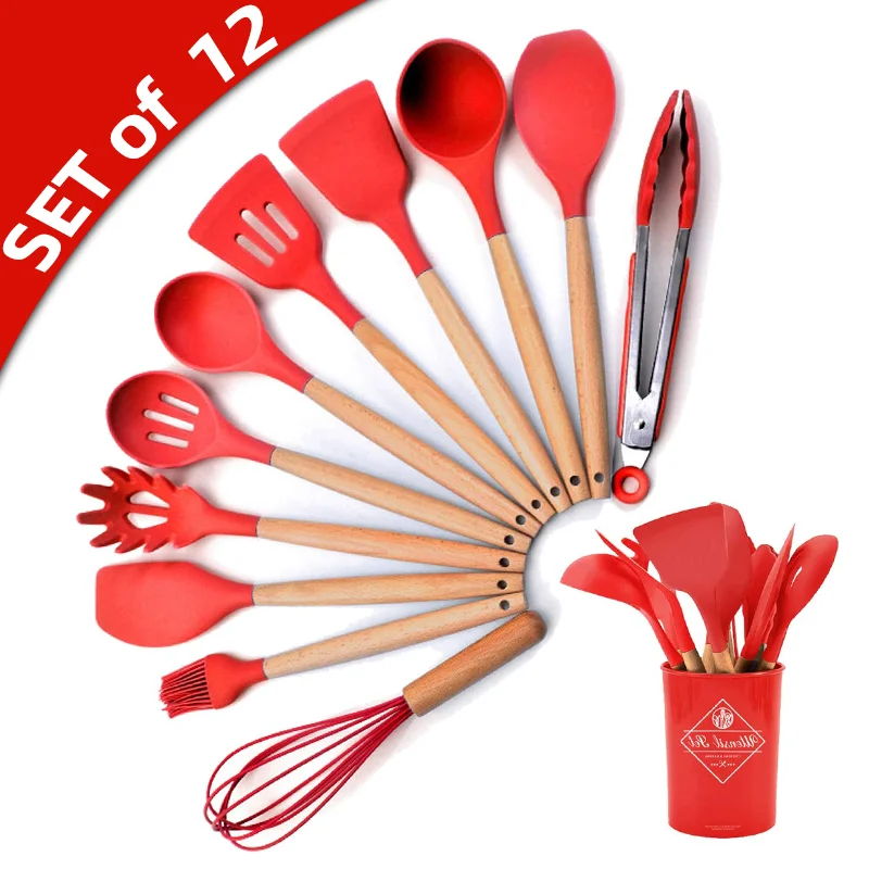 cubiertos cocina silicona paletas cocina silicona Utensilios de cocina de  silicona antiadherentes con soporte para cuchara, accesorios de cocina con  mango de madera, conjunto de utensilios para cocina rosa