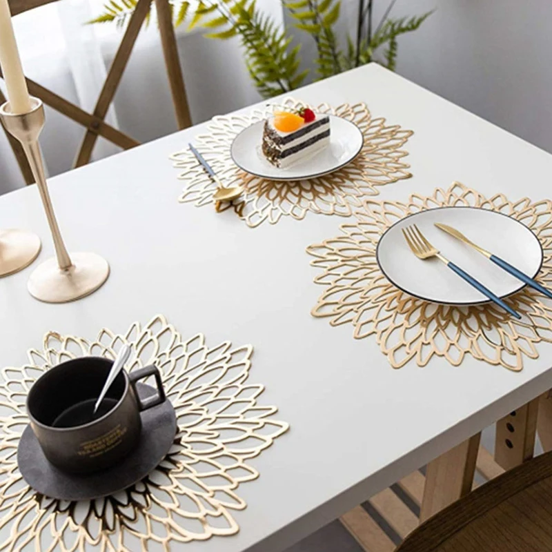 6PCS PVC Placemat for Dining Table Hollow Pad Coaster Pads Table Bowl Mats Gold