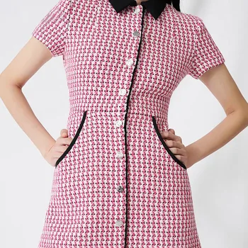 

2020 Spring Summer Women Stylish Elegant Knitted Plaid Tweed Contrast Shirt Dress Women