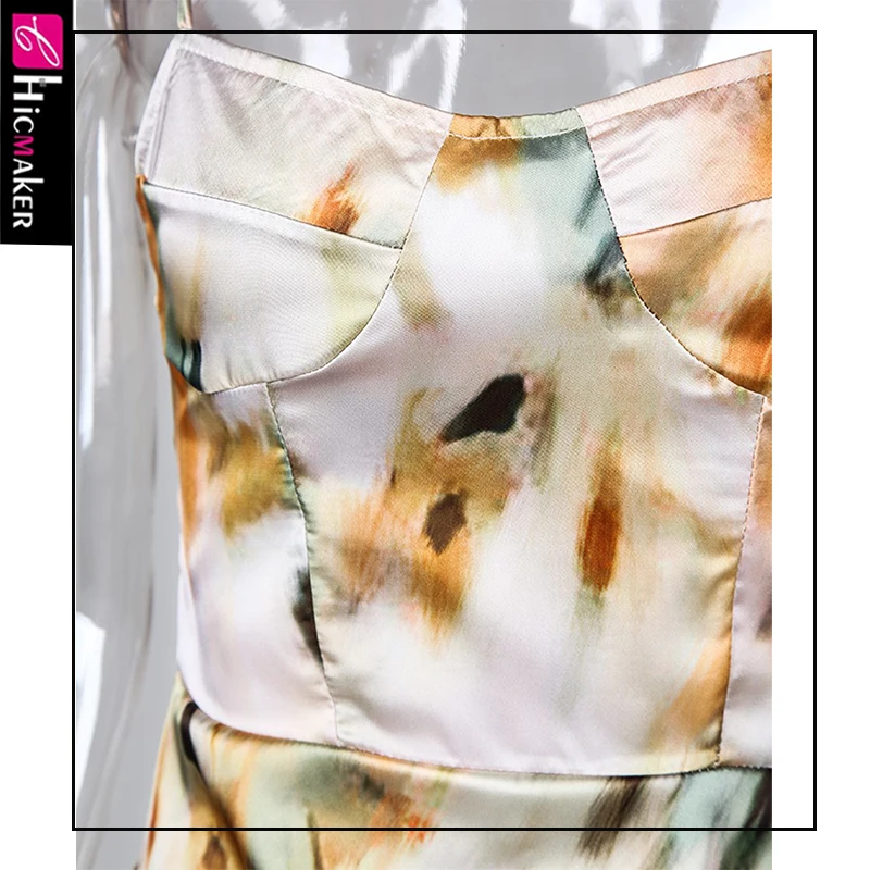 Abstract Print Spaghetti Strap High Slit Ruched Dress Women Stretch Sleeveless Sexy & Club Night Out Party Dress