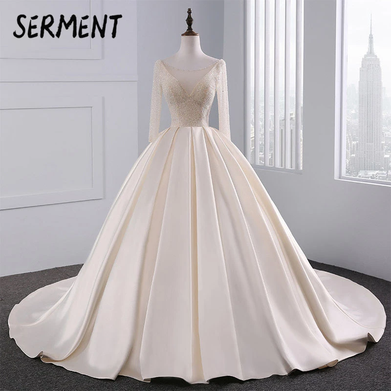 

BAZIIINGAAA Satin Bride Princess Wedding Dress 2019 Luxury Light Champagne Hand-drilled Long-sleeved Sexy Spring Summer