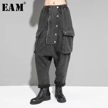 

[EAM] High Elastic Waist Button Split Joint Long Denim Trousers New Loose Fit Pants Women Fashion Tide Spring Autumn 2020 1K163