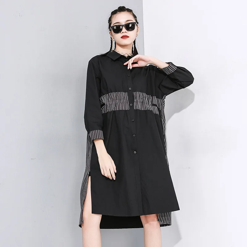 Женская однобортная рубашка в полоску LANMREM Повседневная средней длины с