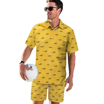 

Men loose shirt light lined shorts quick drying beach pants suit straight casual fish digital print