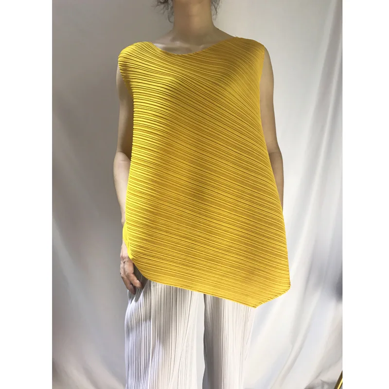 Miyake плиссированные топы без рукавов женские новые модные однотонные Нестандартные Свободные футболки с круглым вырезом Женская футболка Корейская одежда