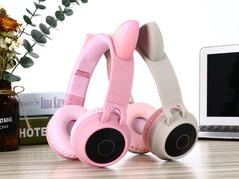 Беспроводная bluetooth-гарнитура с мультяшными кошачьими ушками и HD микрофоном, светодиодный цветной светильник, складная стереогарнитура для смартфонов