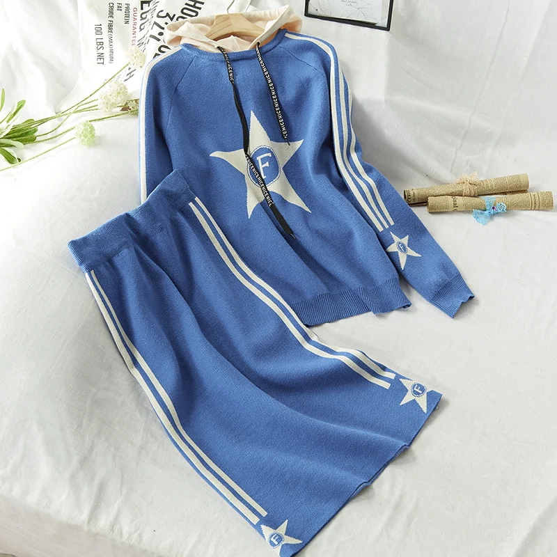 2019 Осенняя Женская трикотажная толстовка со звездами пуловер костюм и