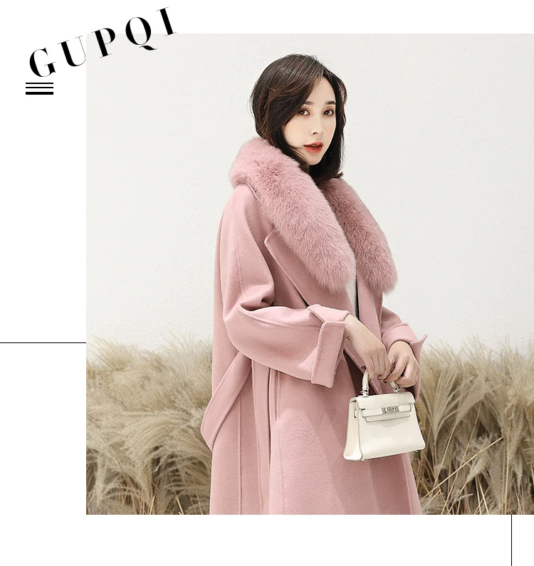 Flash Deal Women 2019 Winter Natural Fox Fur Collar Double-Sided Wool Blends Coat Female Thicken Warm Sheep Shearing Long Overcoat 4