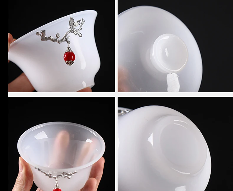 Tea Bowl Saucer Lid Kit 150ml Jade Porcelain Gaiwan Silver Decor Tea Tureen Chinese Kung Fu Tea Set Drinkware Teaware Container