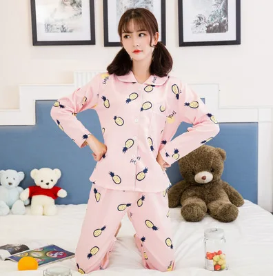 

Autumn & Winter Pajamas Women's Strawberry Pineapple Stripes Cardigan Pure Cotton Combed Cotton WOMEN'S Suit Nursing Pajamas