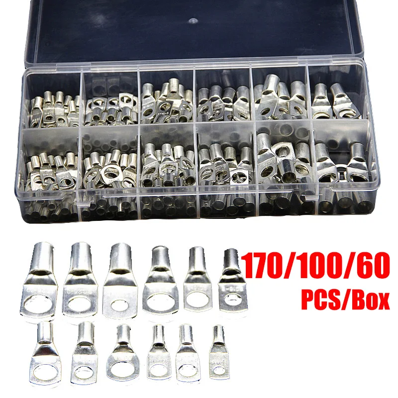 

170/100/60Pcs SC Bare Tinned Copper Lug Terminals Assortment Ring Seal Wire Connectors Bare Cable Crimped/Soldered Terminal Kit