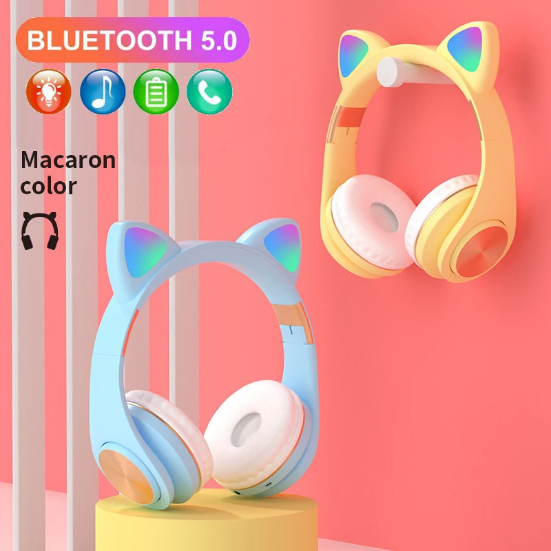 

LED Macaron Colorful Cat Ear Headphones Bluetooth 5.0 Portable Folding Adult Kids Girl Lady Cute Headset TF Card FM Mic Wireless