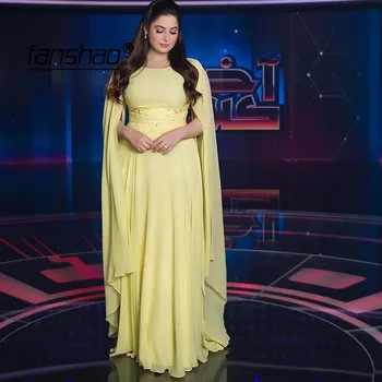 

Yellow Muslim Evening Dresses Chiffon Appliques Jacket vestidos de festa Dubai Saudi Arabic Evening Gown Prom Dress