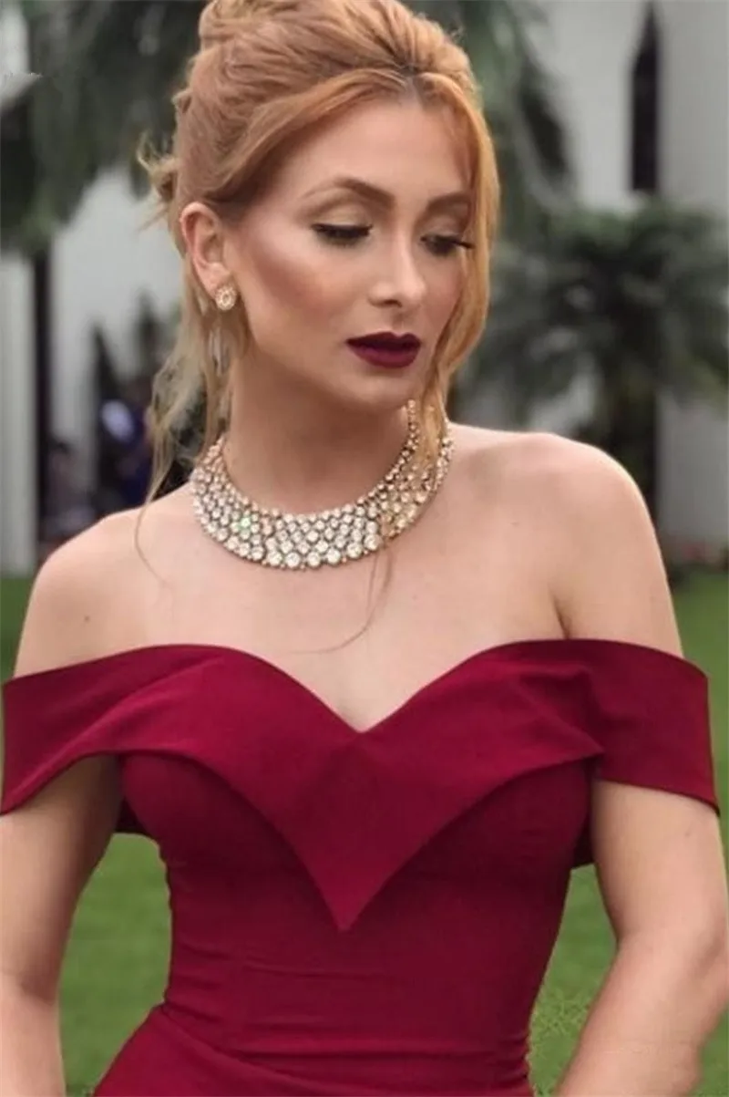 2020 Dark Red Mermaid Bridesmaid Dresses Off Shoulder Sweep Train Prom Party Dresses Wedding Guest Gowns sukienka dla druhny