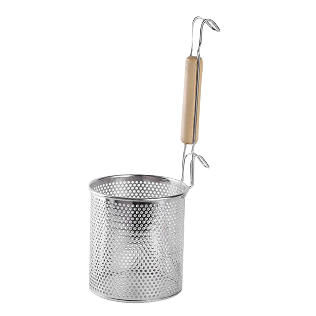 Stainless Steel Noodle Food Strainer with Hook and Wooden Handle, Strainer Basket for Dumpling, Udon, Vegetables or Pasta