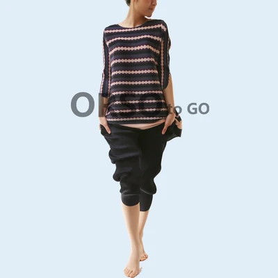 dark blue MIYAKE плиссированная новая полосатая футболка женская Средняя длина свободная Корейская Базовая рубашка тонкая большой размер - Цвет: dark blue
