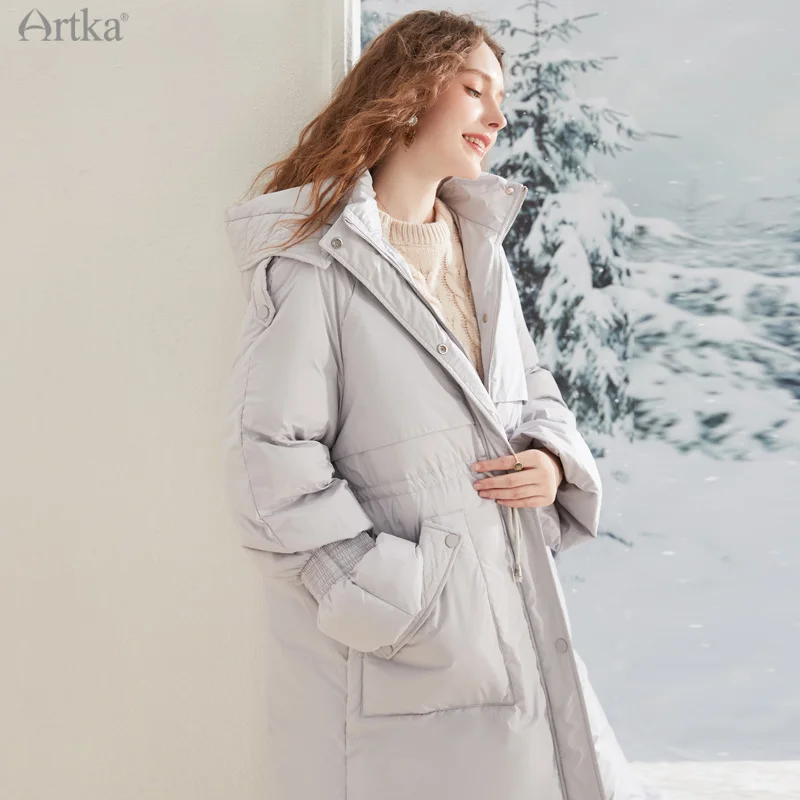 ARTKA 2021 Winter New Women Down Coat Fashion Casual 90% White Duck Down Coat Long Hooded Drawstring Thicken Outerwear YK20015D
