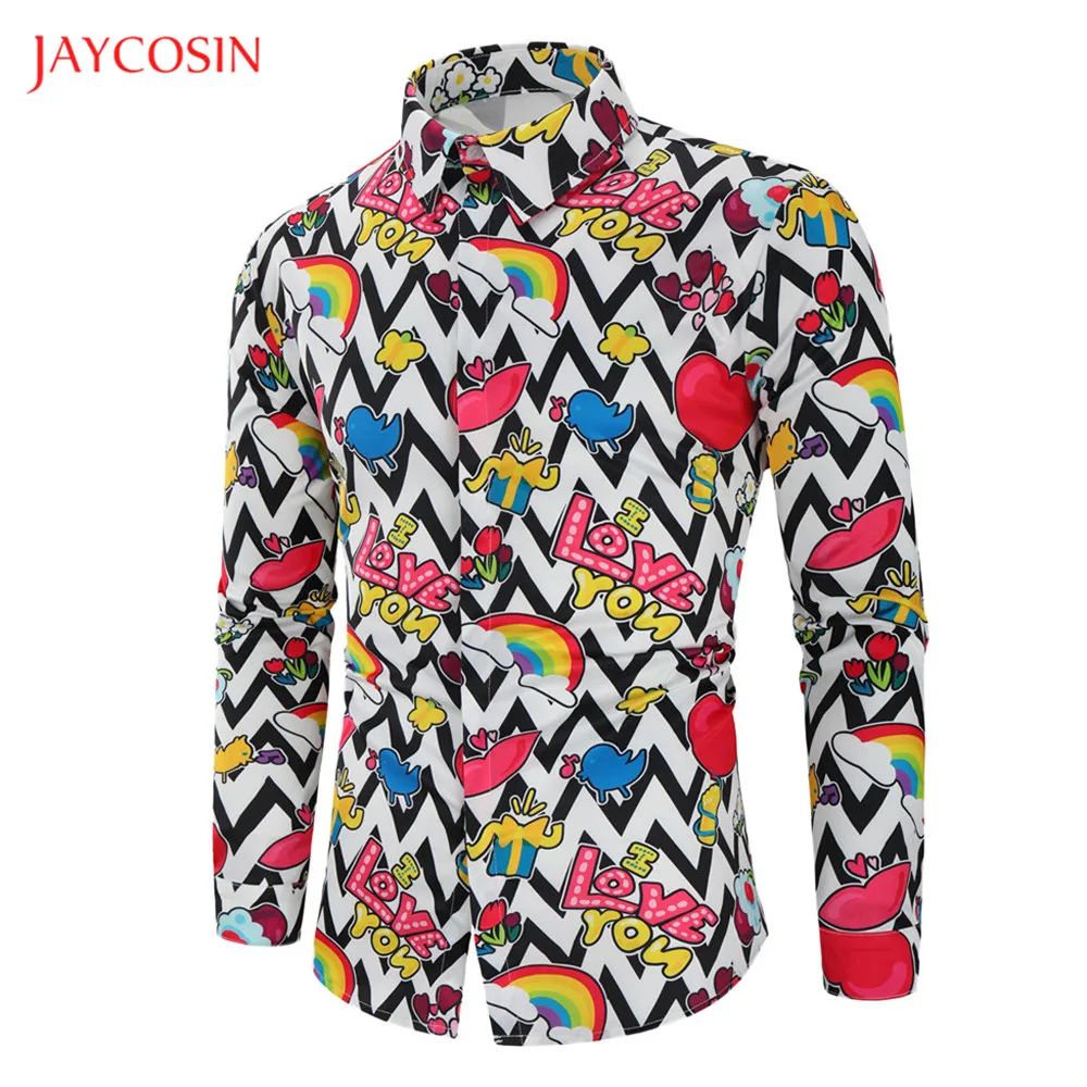 Jaycosin, мультяшный стиль, мужская рубашка, повседневная, длинный рукав, на День святого Валентина, с принтом, топы, воротник с лацканами,, мужская, на пуговицах, тонкая рубашка, M-4XL