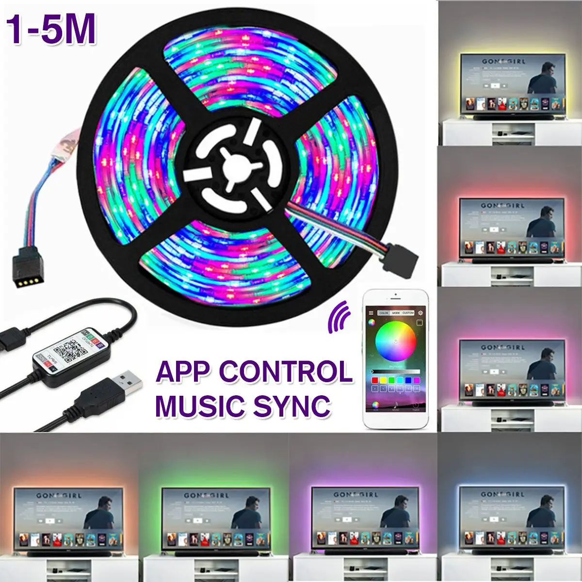 USB 3M 5M RGB LED Strip Light Music Sync Bluetooth APP Control TV PC Back Light