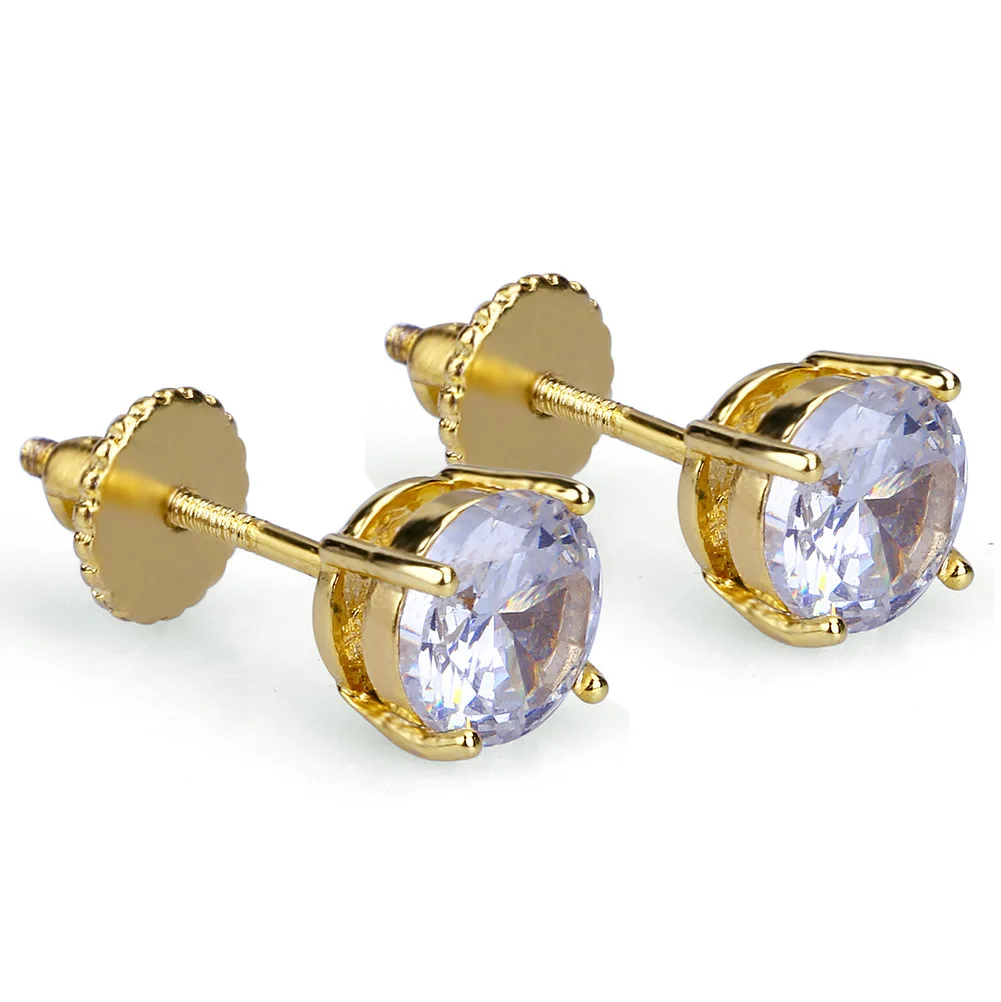 

Hip Hop Iced Out Bling Round CZ Stone Earrings Gold/Silver Micro Pave Lab D Stud Earings With Screw Back