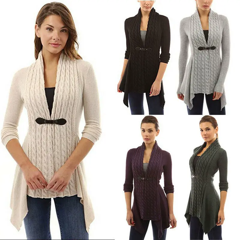 Women Knitted Long Sleeve Jumper Sweater Cardigan Wrap Cowl Neck Shawl Tops Coat