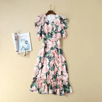 

European and American women's clothing 2019 winter new style Short sleeve v-neck The peony print Fashionable fishtail dress
