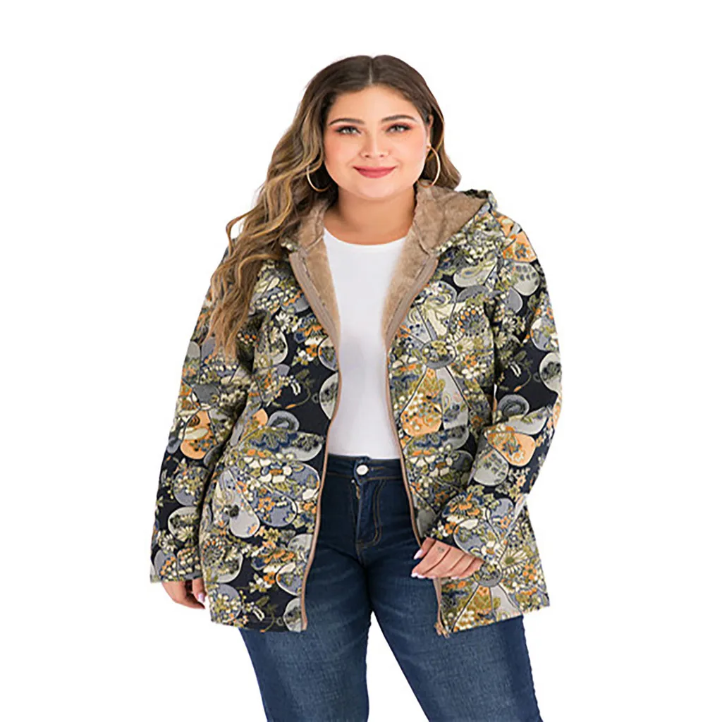 Winter Women Jacket Coat Warm Vintage Warm Printed Pockets Thicker Zipper Hooded Coat Outwear Jackets Coat Famale#1016