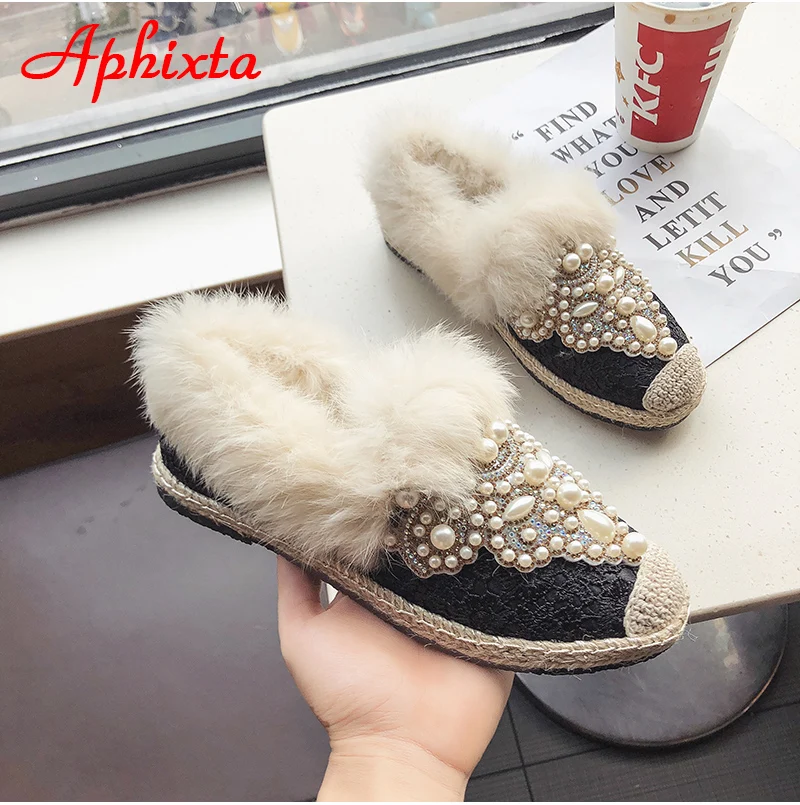 Aphixta зимние теплые тапочки с натуральным мехом; женская обувь на шнуровке с жемчугом и кристаллами; шикарная плюшевая женская обувь с натуральным кроличьим мехом