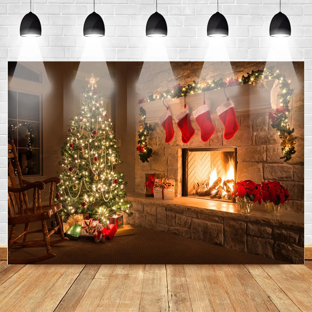 

Christmas Party Photography Backdrops for Photo Studio Christmas Trees Fireplace Warm Light Background Winter Sock Family Party