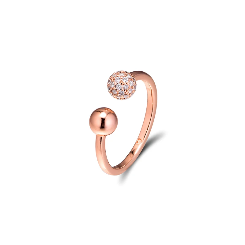 Rose Polished& Pave Bead Open Rings Authentic 925 Sterling-Silver-Jewelry with Clear CZ Free Shipping
